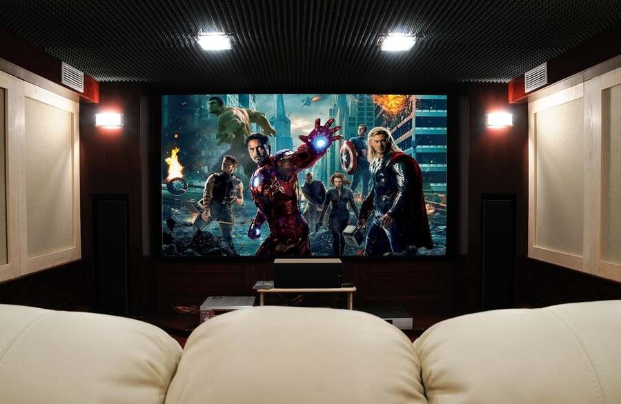 A home theater featuring The Avengers movie. 