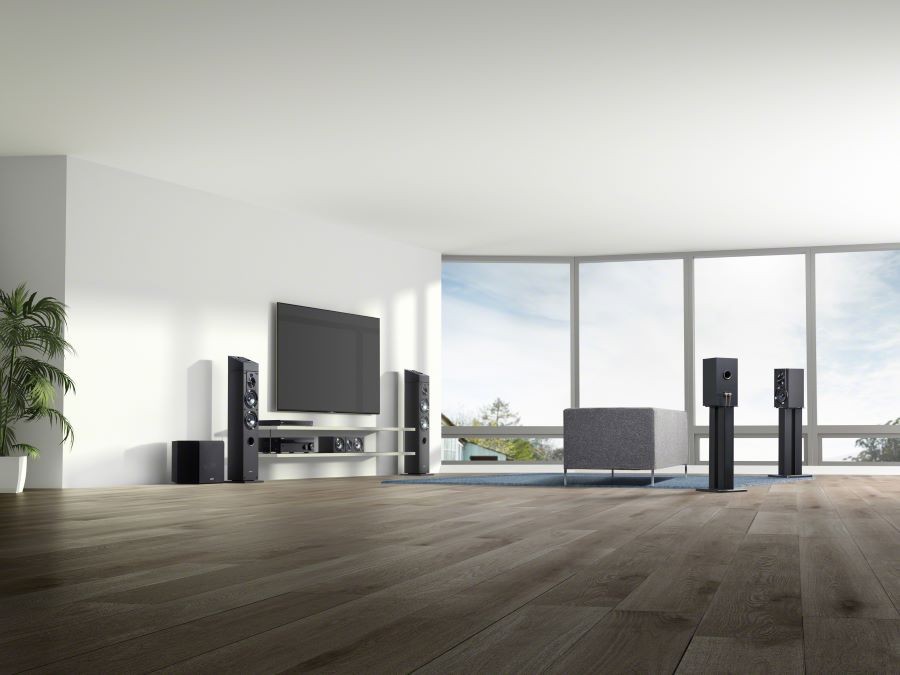 A surround sound setup in a large open room with the Sony STR-DH790 AV Receiver.