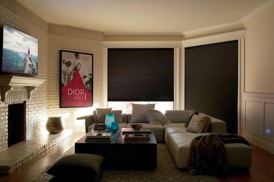 Motorized blinds keep the sun’s glare out of a room when enjoying entertainment.