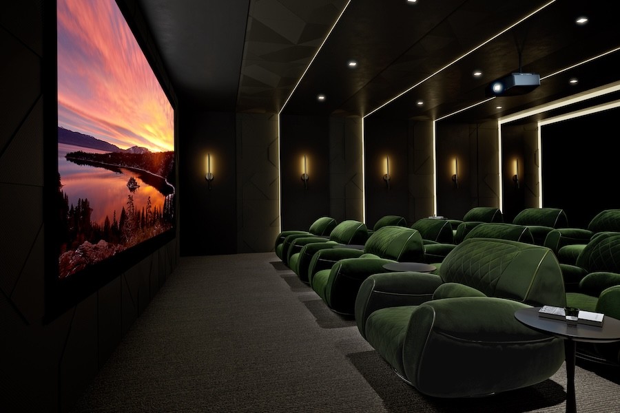 Home theater with unique lighting elements.